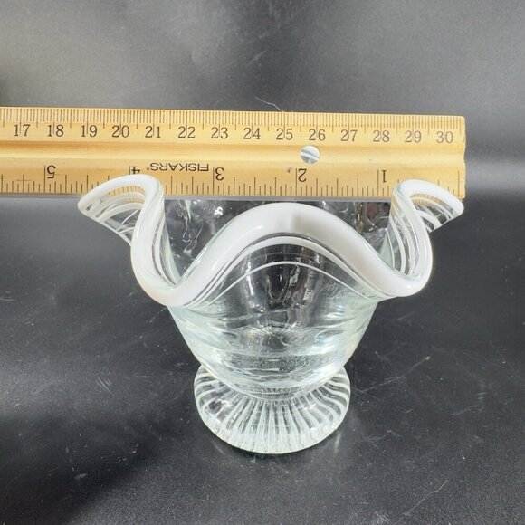 Vintage Glass Dish Bowl Clear White Ruffles Scroll Footed Base Candy Dish VTG - Picture 4 of 12